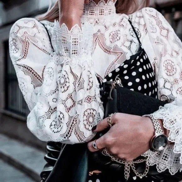 White Lace See through Bohemian Long Sleeve Shirt - Picture 3 of 16
